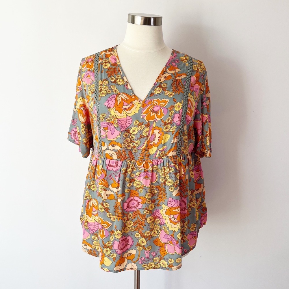 Rusttydustty Babydoll Top Mod 70s Floral Boho Crochet Trim V-Neck‎ 2XL